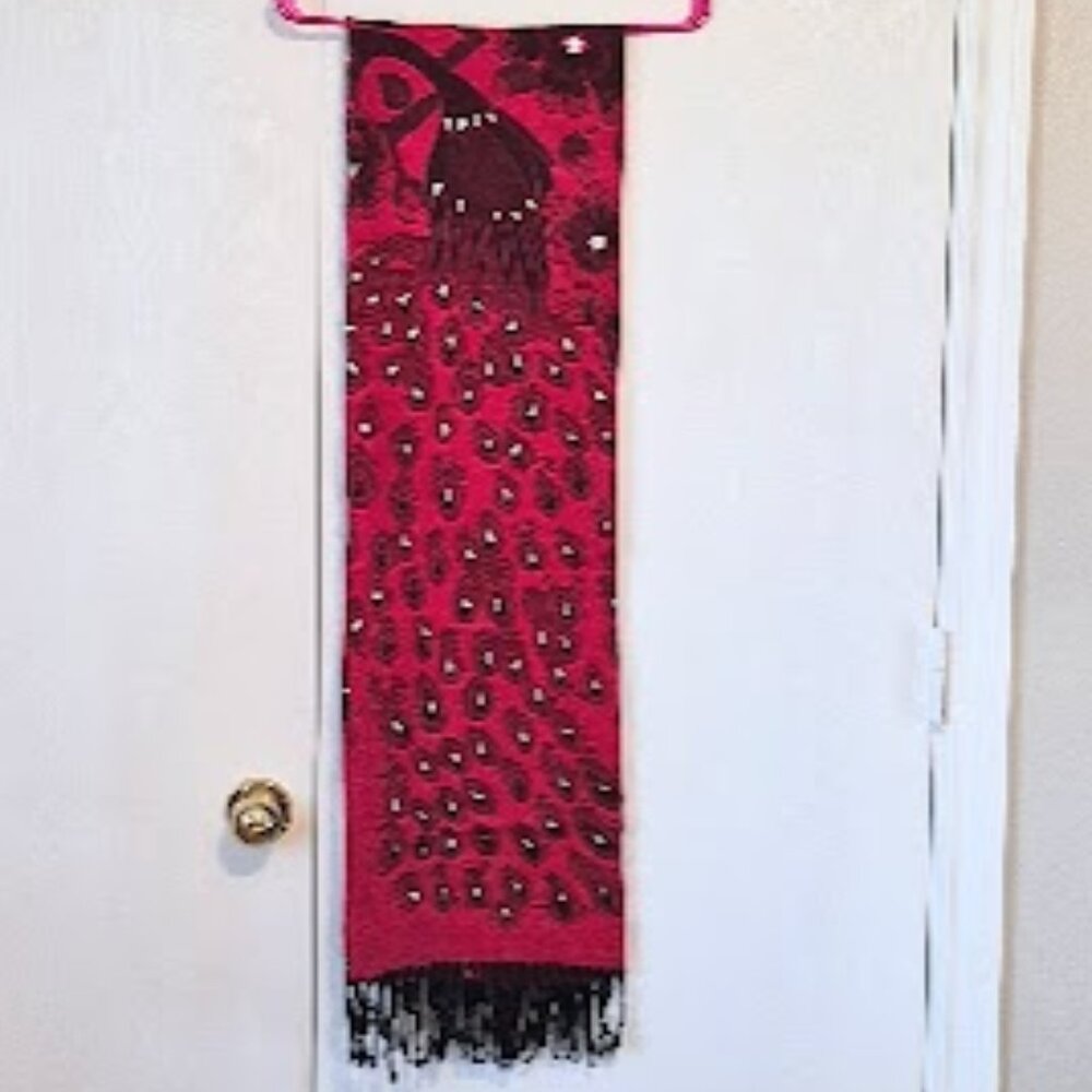 NEW Pashmina women's shawl wrap, red & black with black fringe & silver applique